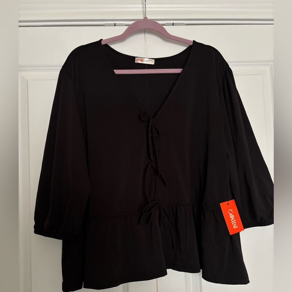 Chic Black V-Neck Blouse with Tie Details